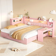 Letto imbottito rosa estensibile con scrivania, luci LED e prese USB