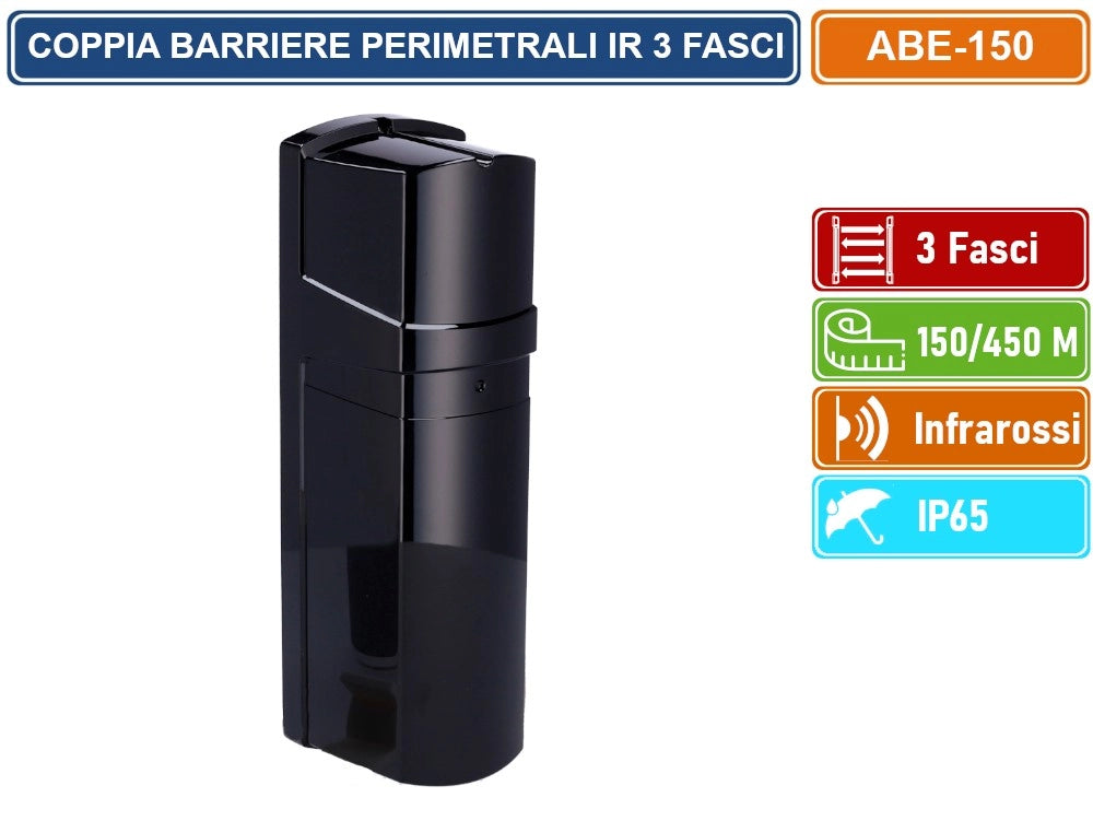 COPPIA BARRIERE PERIMETRALI CABLATE AD INFRAROSSI 3 FASCI DISTANZA RILEVAMENTO 150/450 METRI DA ESTERNO IP65