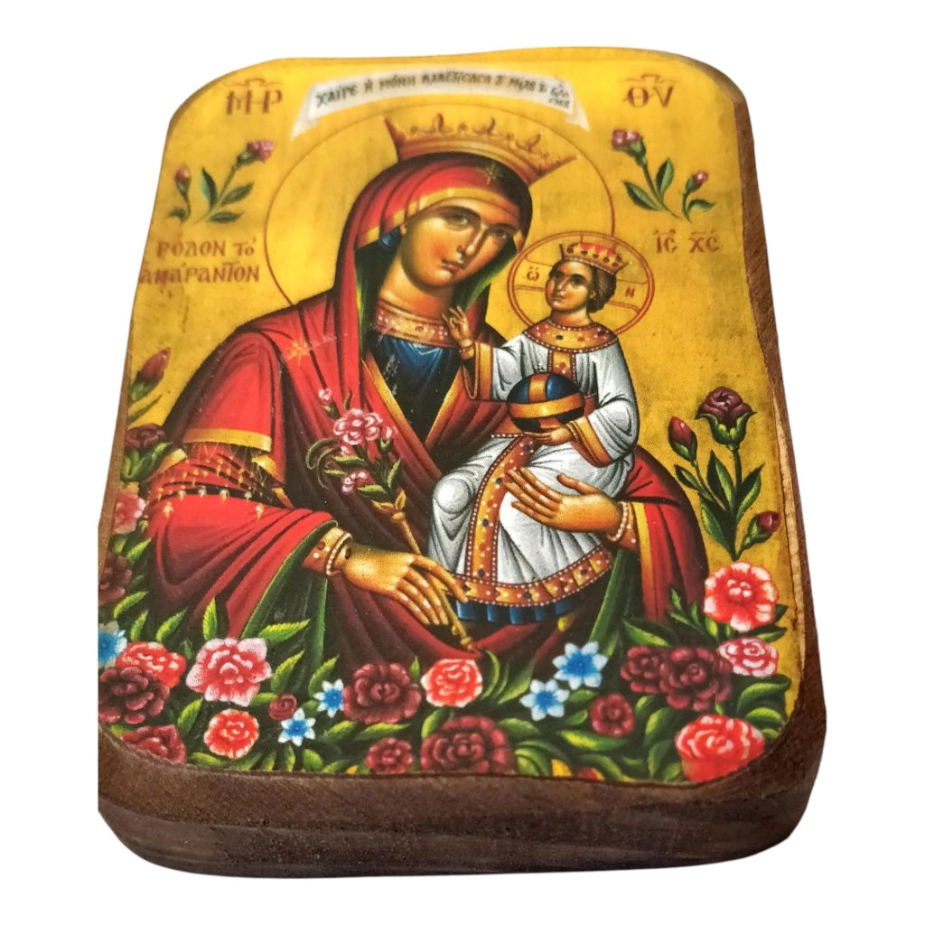 Icona in legno della Vergine Maria, "Rosa Immortale", 9x7 cm