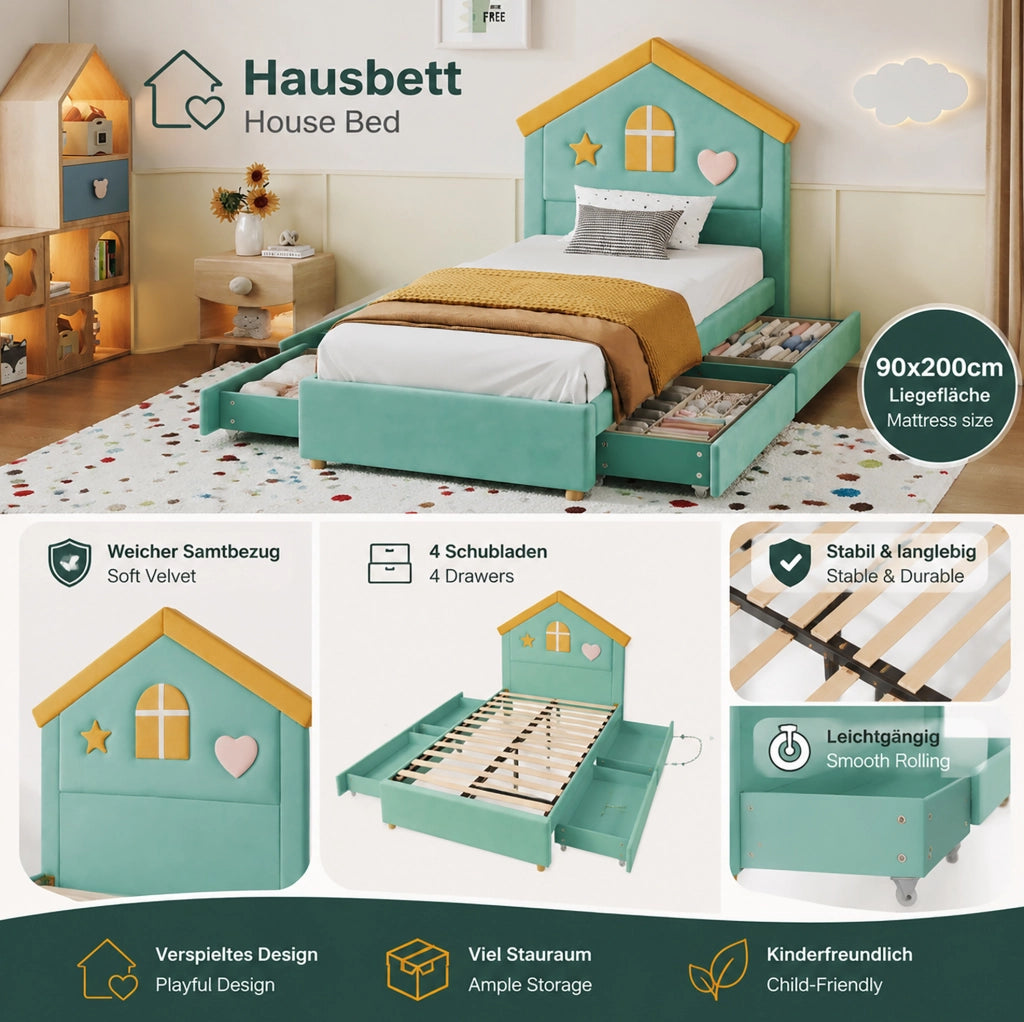 Letto imbottito per bambini 90 x 200 cm blu-verde con 4 cassetti