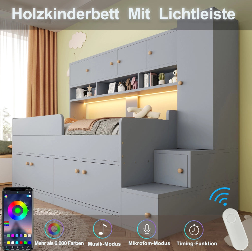 Letto per bambini 90 x 200 cm grigio con contenitori, armadio, scala e luci LED