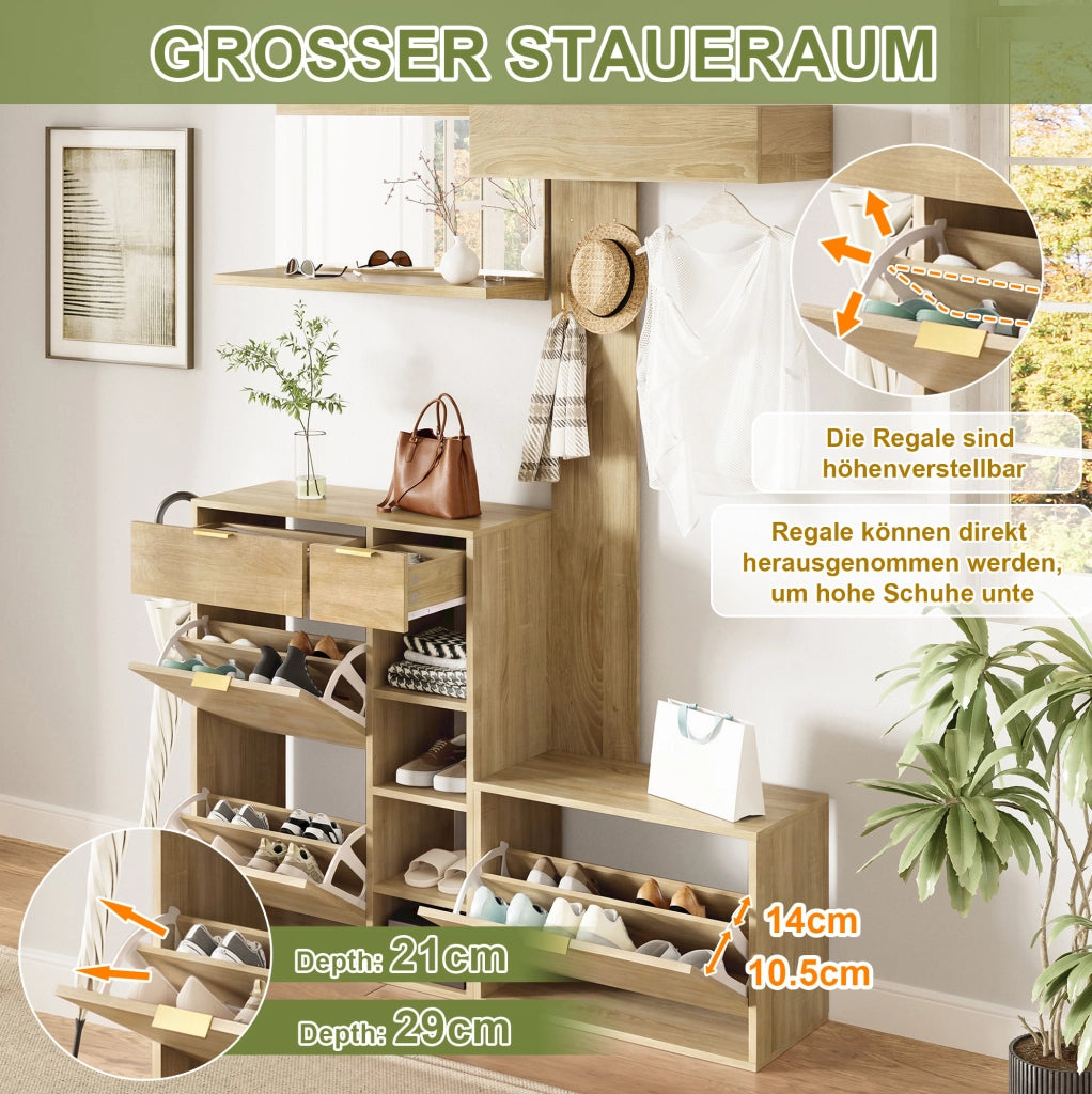 Set ingresso 4 elementi con scarpiera, panca, specchio e appendiabiti 130 x 30 x 174 cm