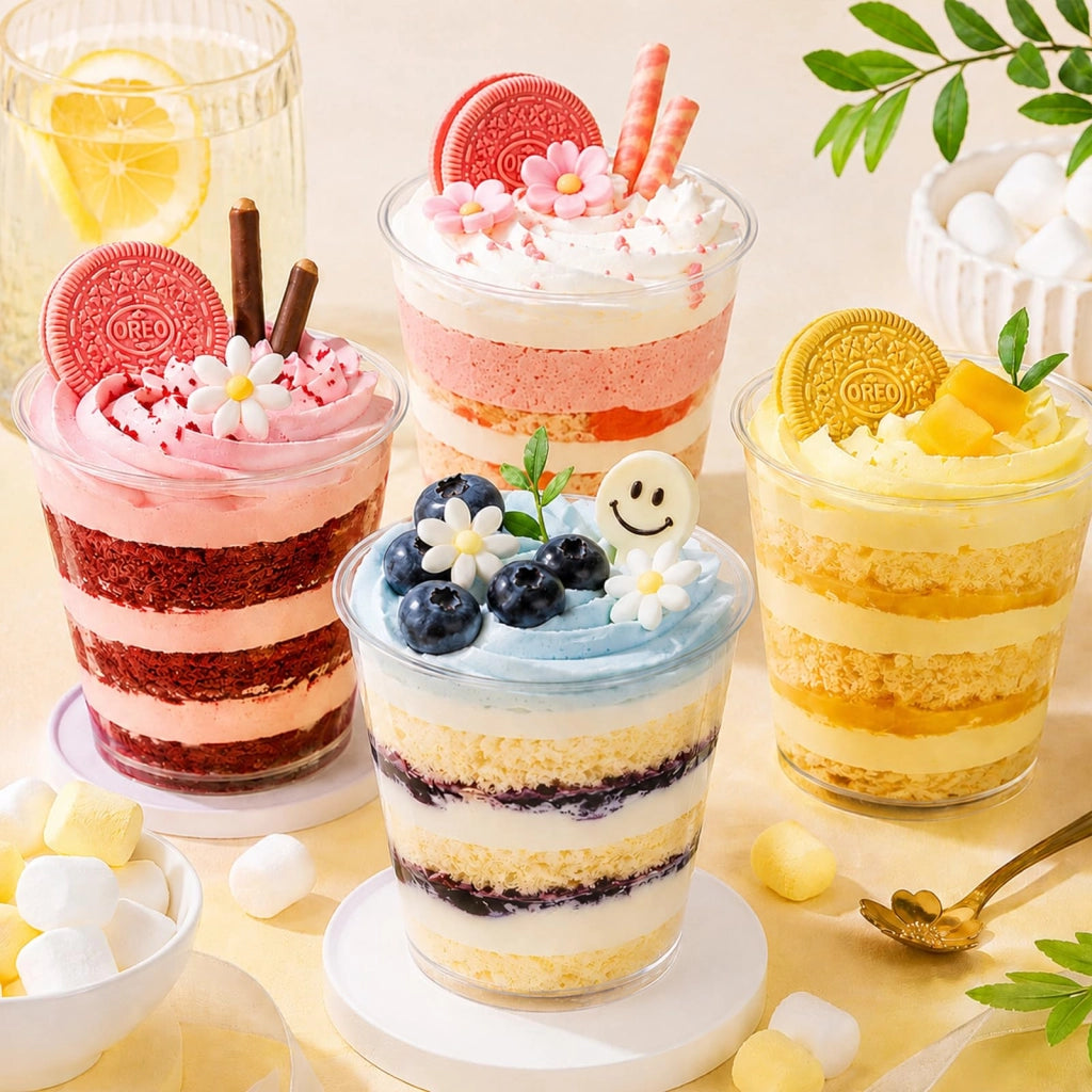 Bicchieri per dessert in plastica, capacità 180 ml, con coperchio e cucchiaino, confezione da 100 pezzi, forma rotonda