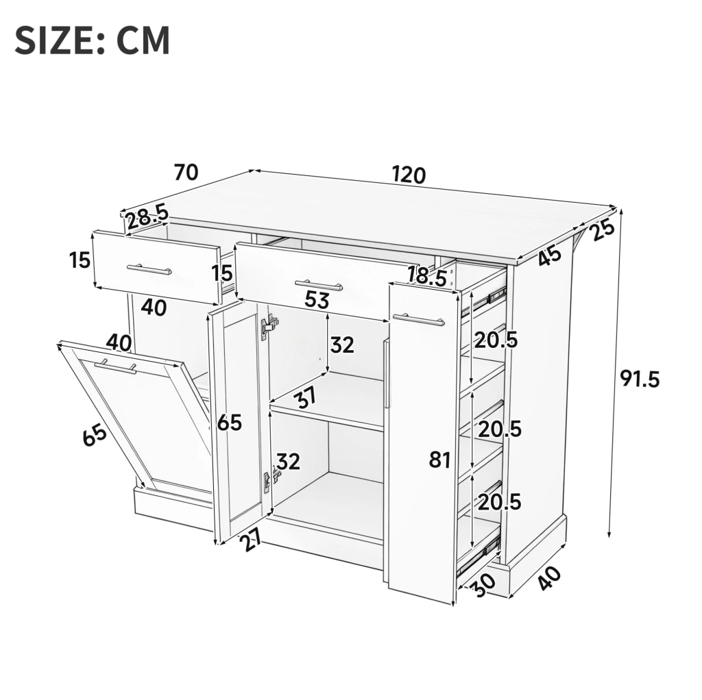 Isola cucina bianca con piano ribaltabile da 120 cm e contenitore