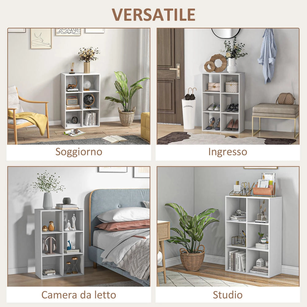 Libreria a cubi con 6 ripiani in legno truciolato bianco, mobile portaoggetti compatto e resistente per studio e ufficio, 61.5x29.5x91.5 cm