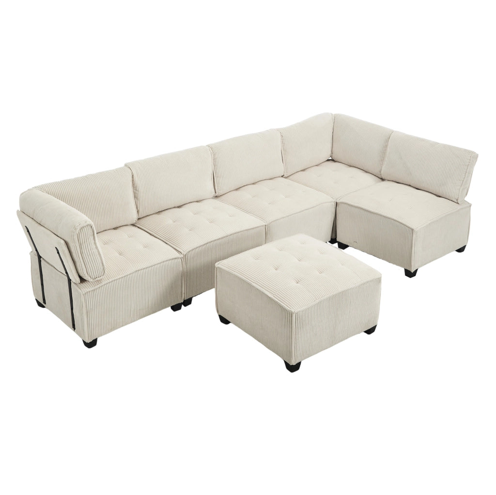 Divano modulare a 6 posti in velluto a coste beige