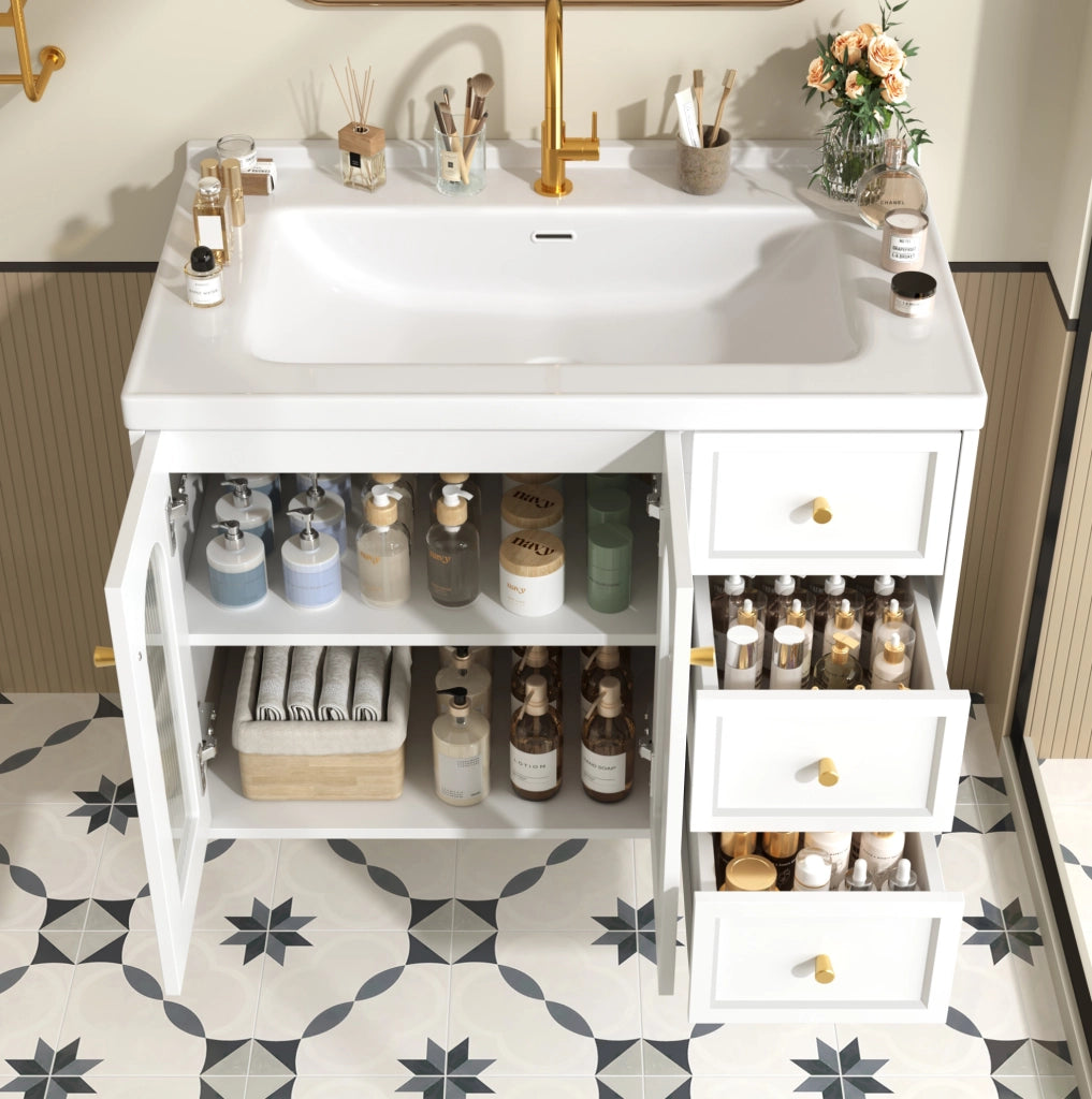 Mobile lavabo sospeso 80 cm in MDF bianco con 2 cassetti e lavabo in ceramica