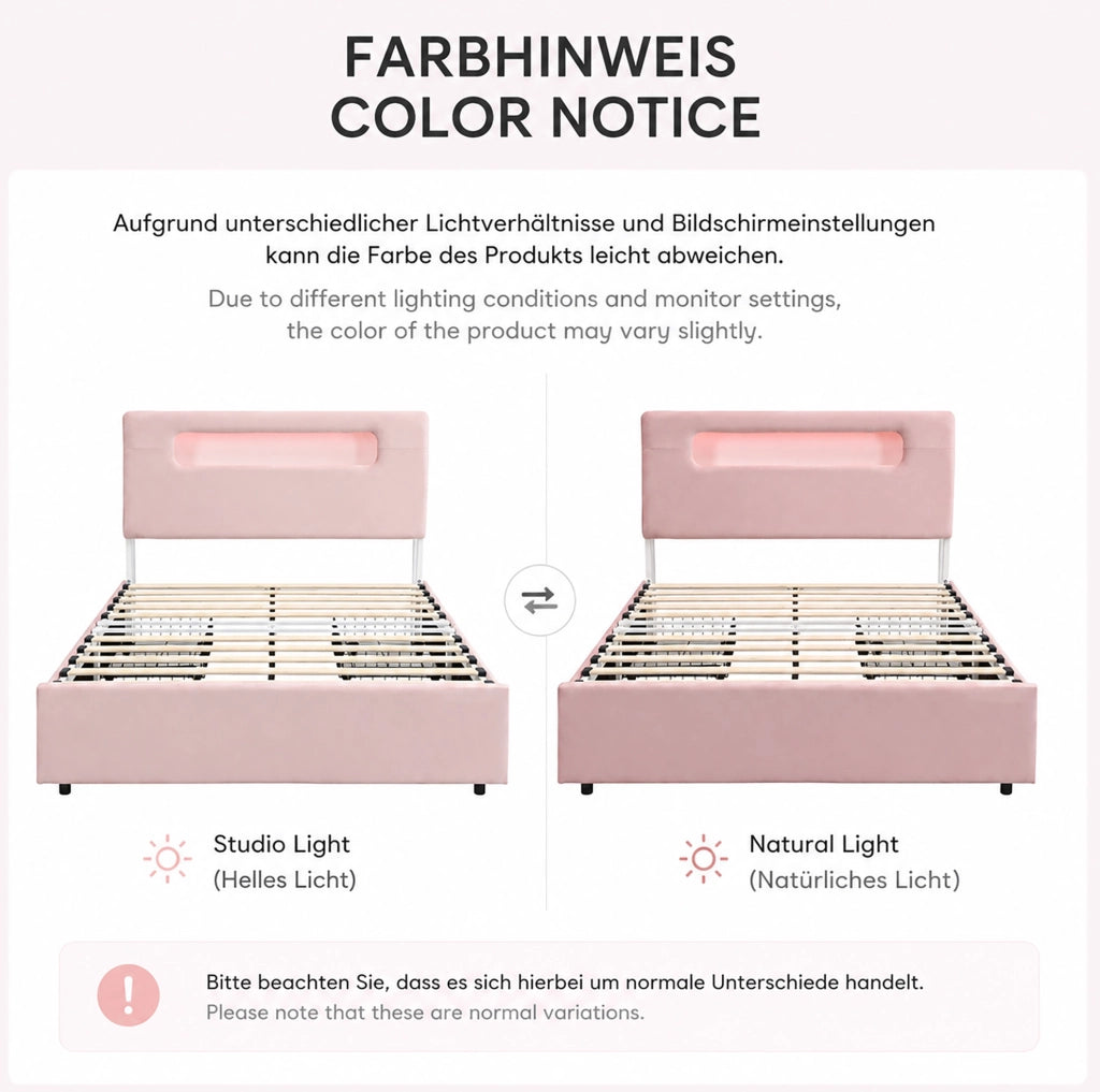 Letto imbottito per bambini 140 x 200 cm rosa con 4 cassetti e LED