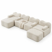 DIVANO Modulare Angolare in Velluto Beige con Pouf