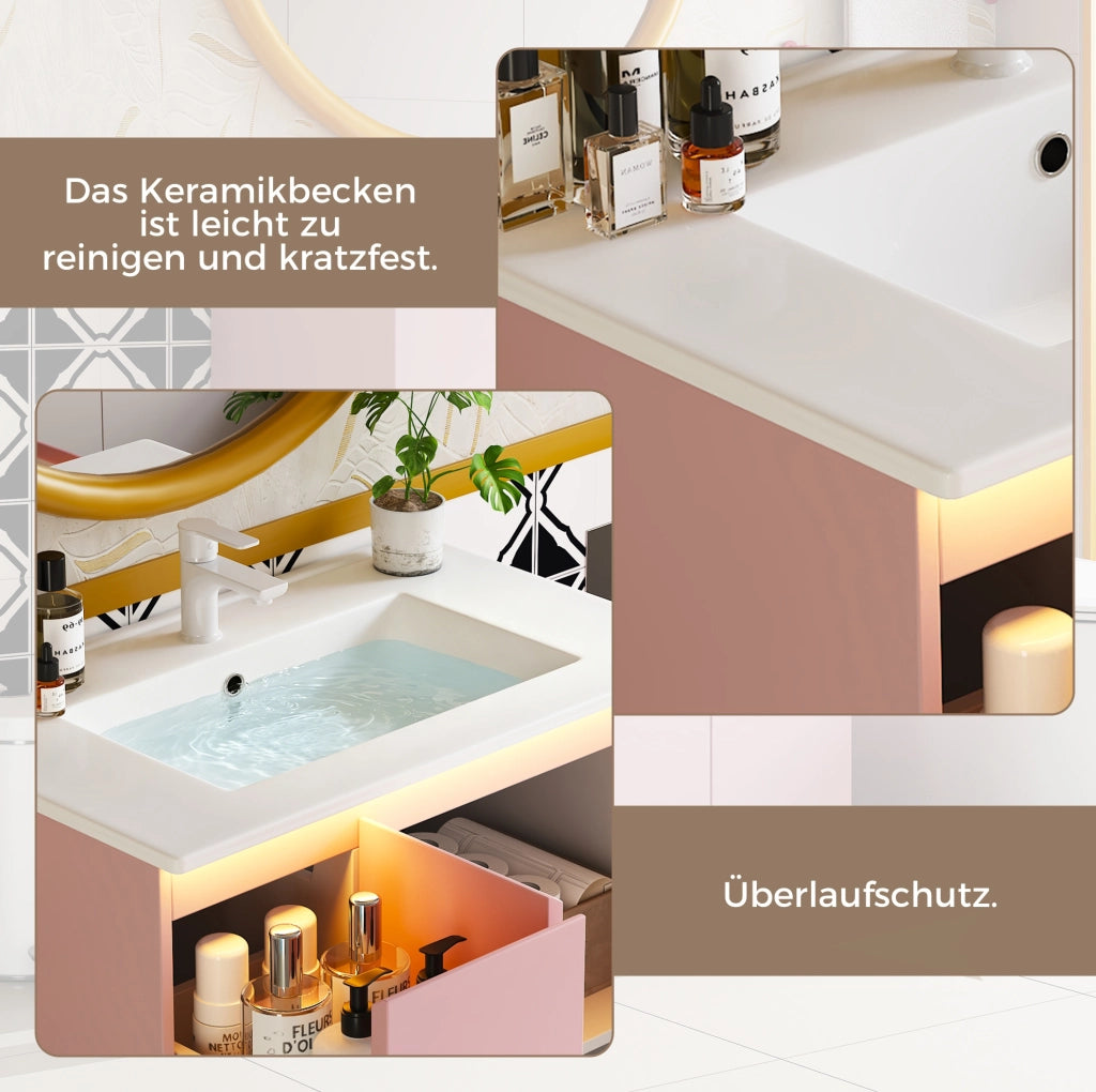 Mobile lavabo da bagno rosa 76 x 47 x 89 cm con lavabo in ceramica e luce LED