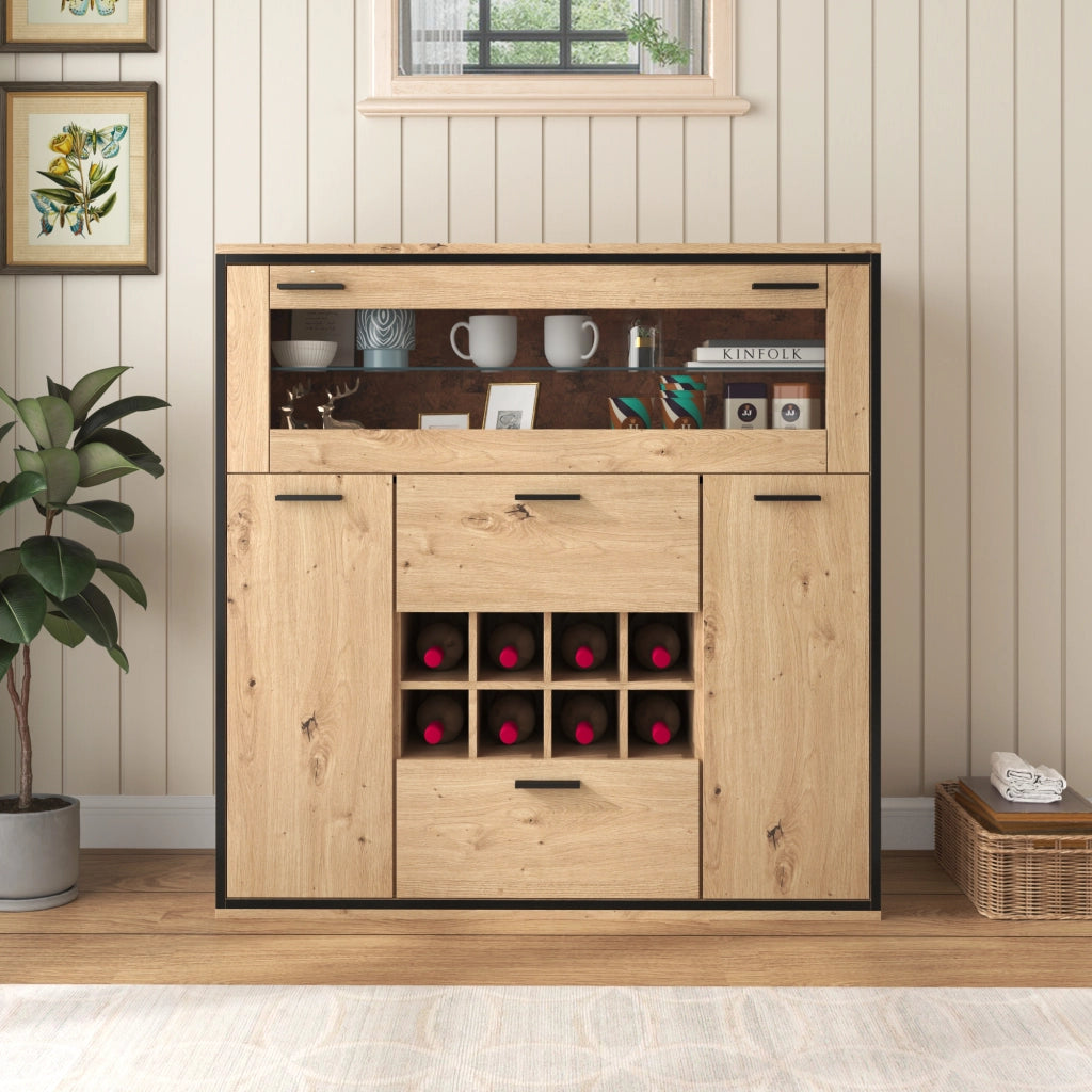 Credenza portavino 110 × 38 × 111 cm con due ante ripiani per bottiglie divisorio in vetro LED 16 colori naturale e nero