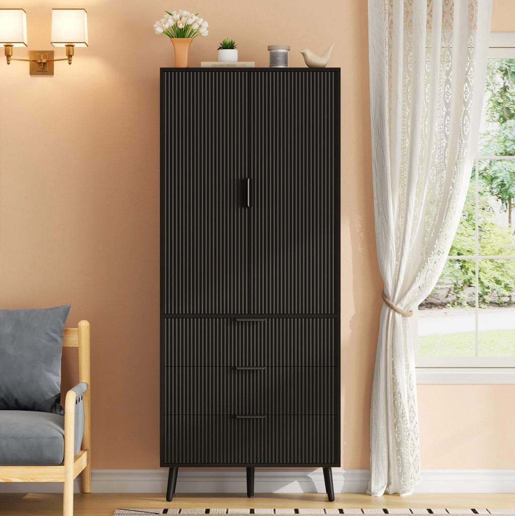 Armadio alto in MDF nero con 2 ante e 3 cassetti, 75 x 35 x 180 cm