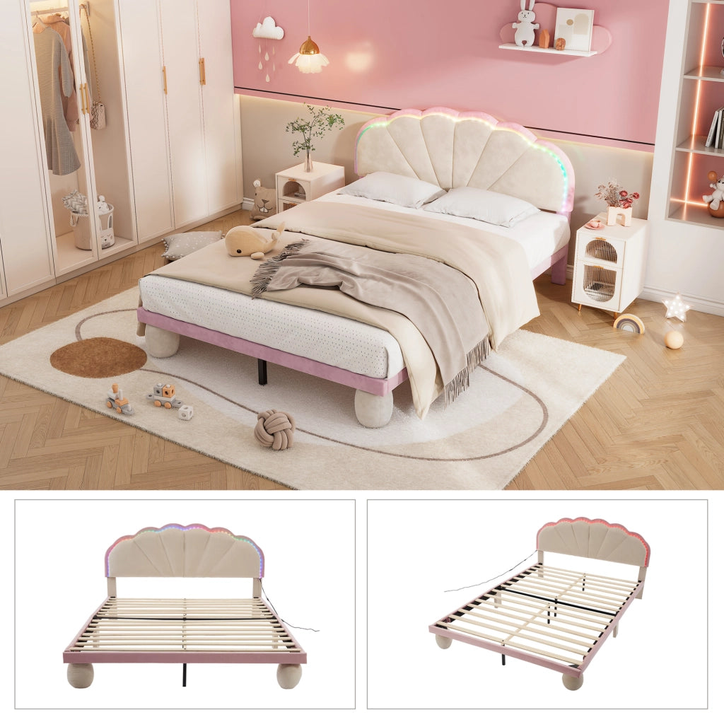Letto imbottito ULEVR 140x200 cm con strisce luminose multicolore, testiera ondulata e doghe in legno, beige e rosa