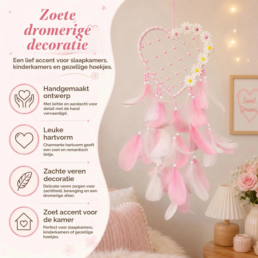Cattura sogni a forma di cuore, decorata con margherite e piume, 15 cm, rosa
