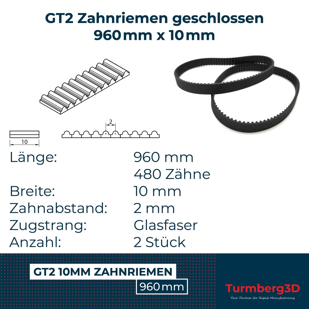 Cinghia dentata GT2, larghezza 10 mm, lunghezza 960 mm, confezione da 2 pezzi