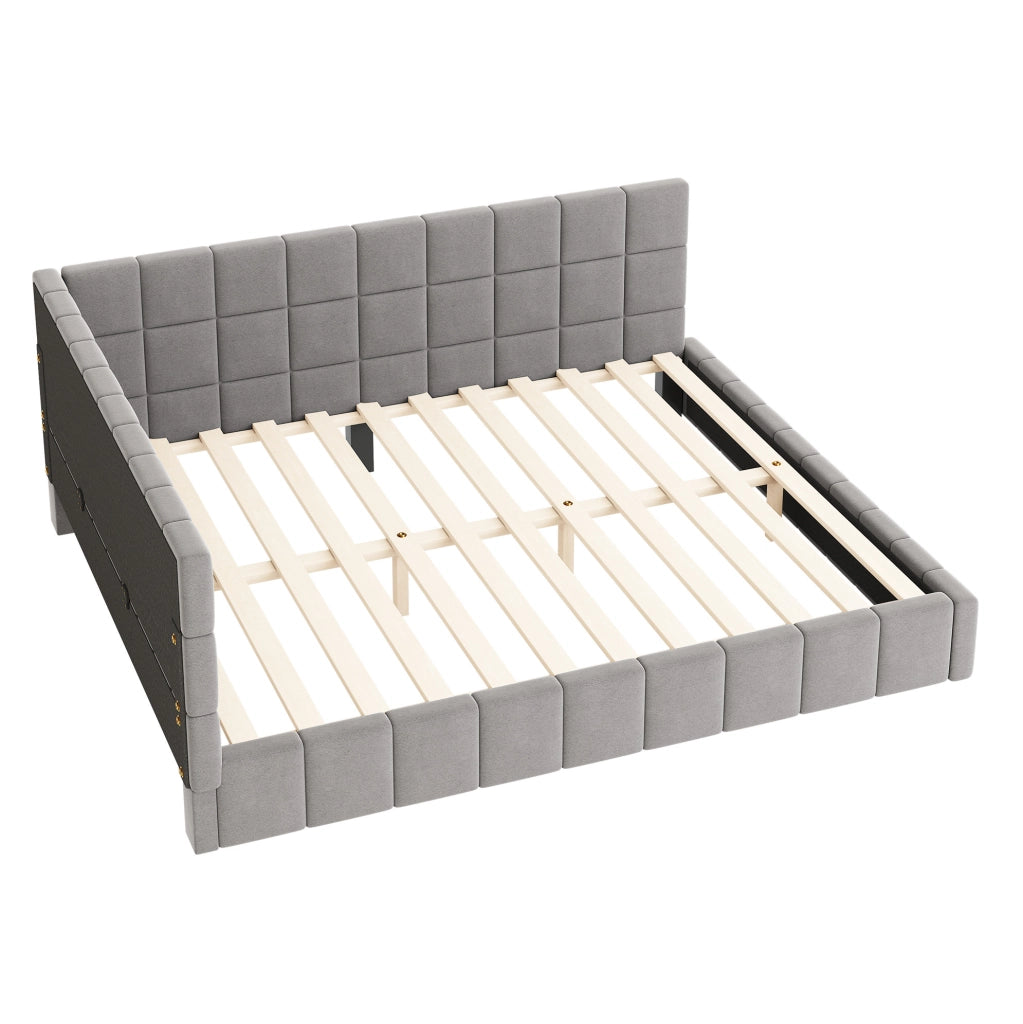 Divano letto imbottito in velluto grigio 160x200 con rete a doghe per camera da letto
