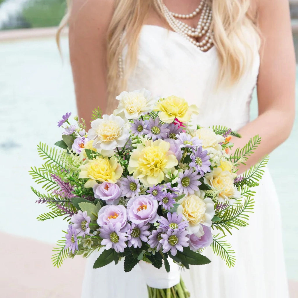 Composizione floreale artificiale, colore viola, con lilla, rose e lavanda, altezza 40 cm