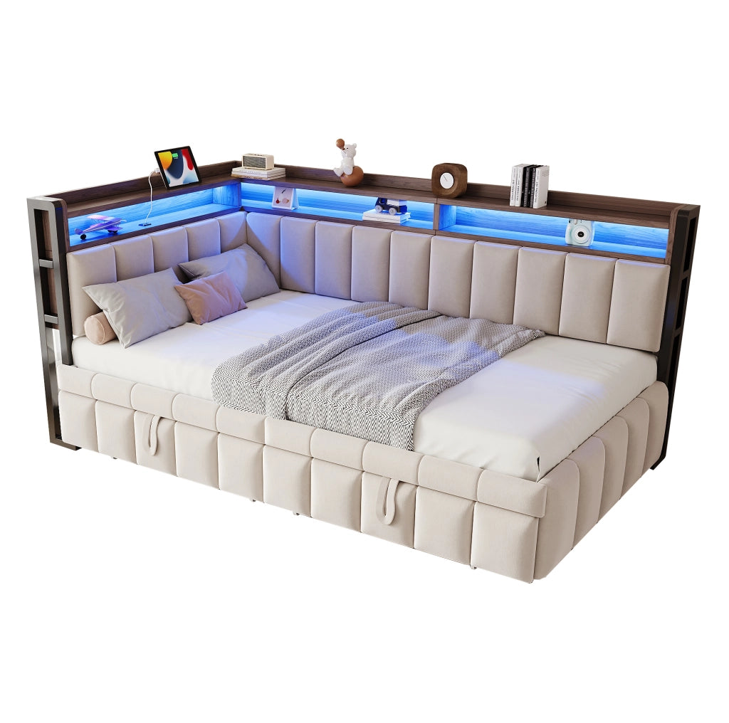 Divano letto estraibile 90x200 beige con LED, USB e Type-C