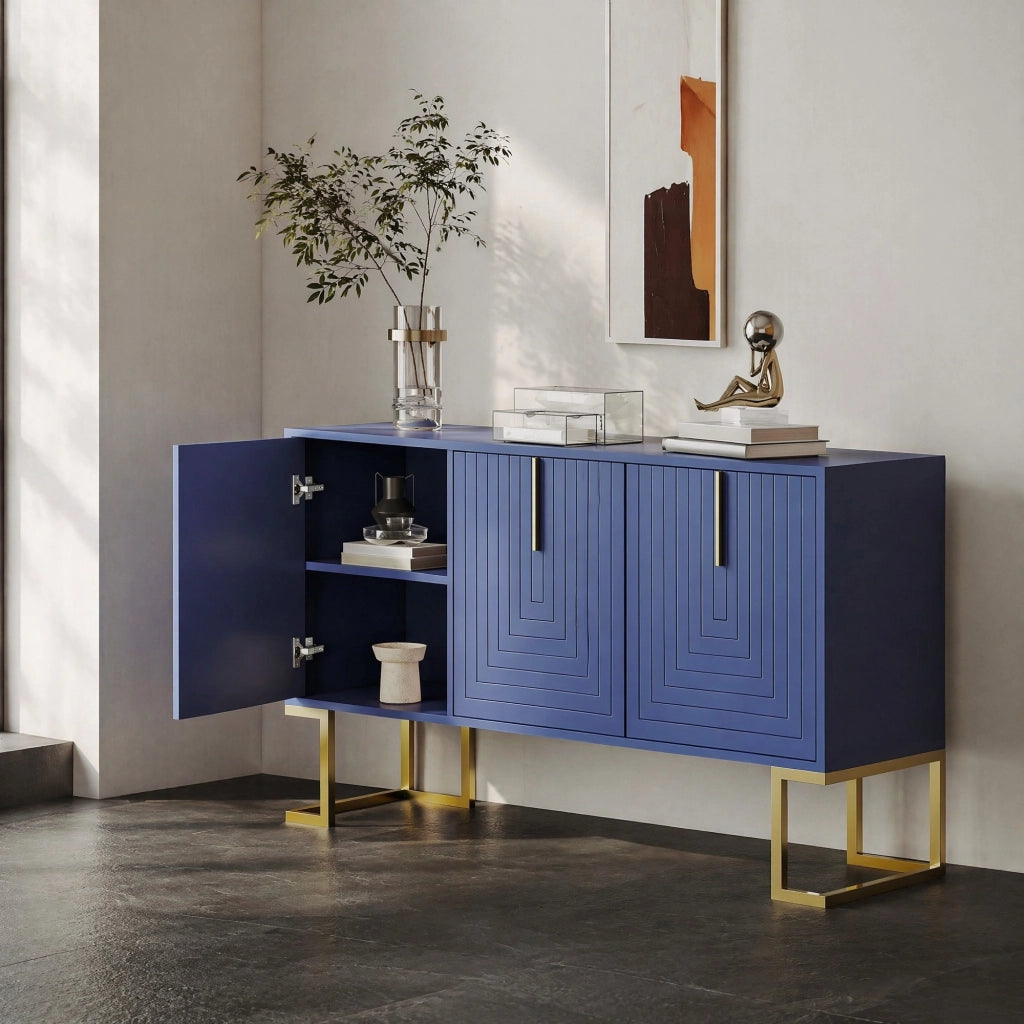 Credenza a 3 ante blu navy con ripiani regolabili e base in metallo