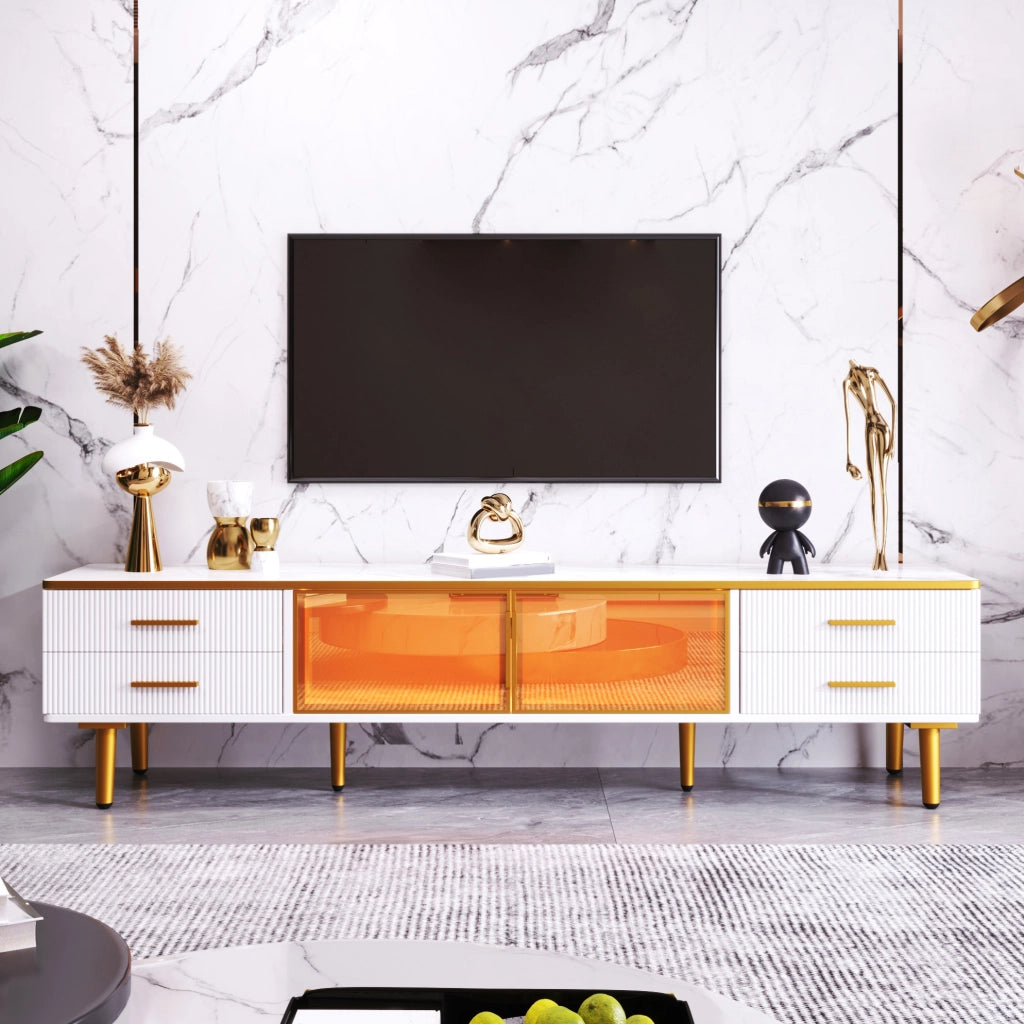 Set mobile TV 170 cm e tavolino 100 cm con LED multicolore; vetro e truciolare bianco