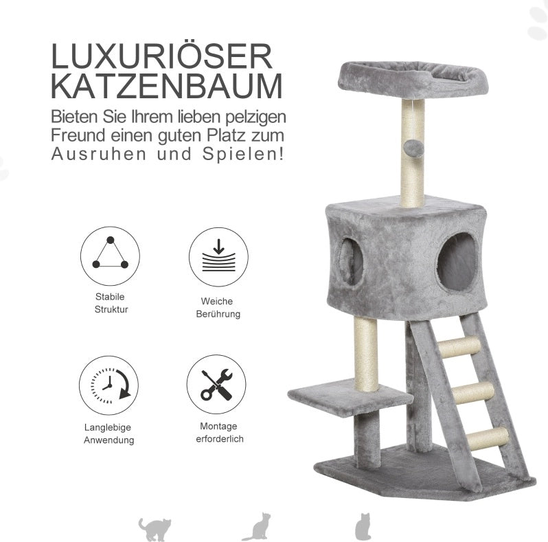 tiragraffi ad albero 120 cm grigio chiaro in peluche con cuccia, piattaforme e sisal