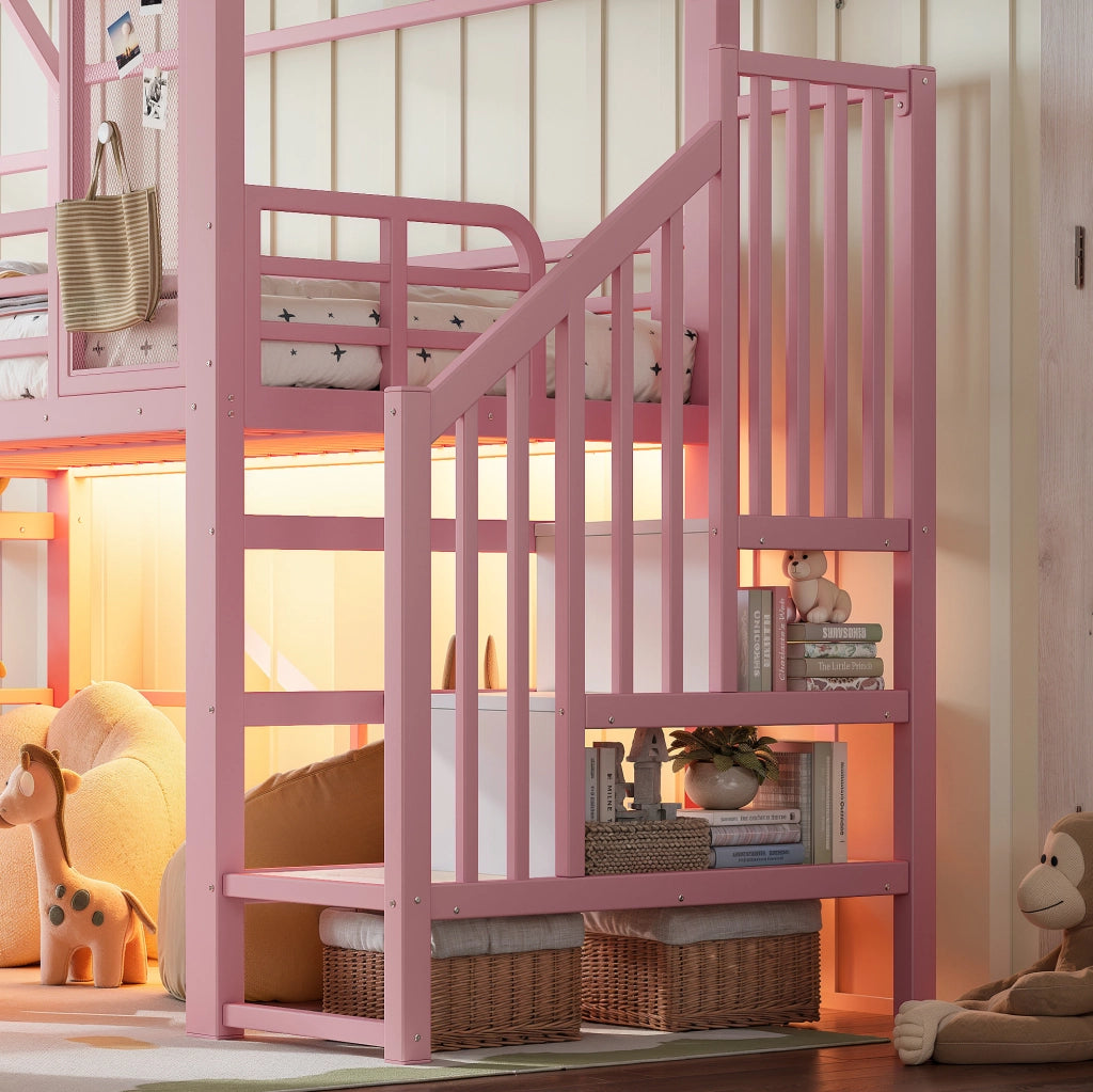 Letto a soppalco rosa per bambini con scivolo e scala
