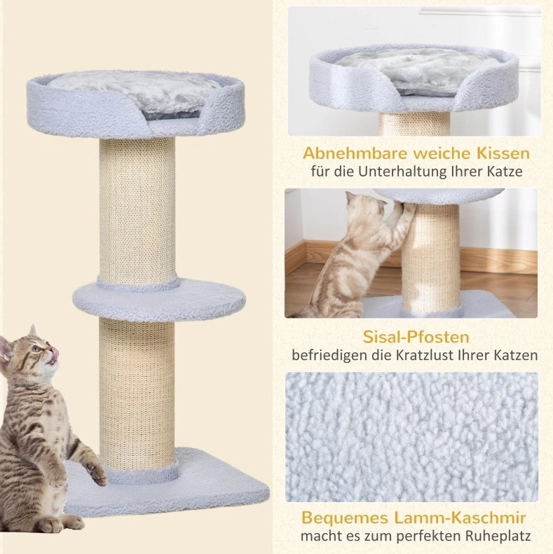 Tiragraffi 45x45x91 cm in sisal blu chiaro con piattaforme e cuscino removibile