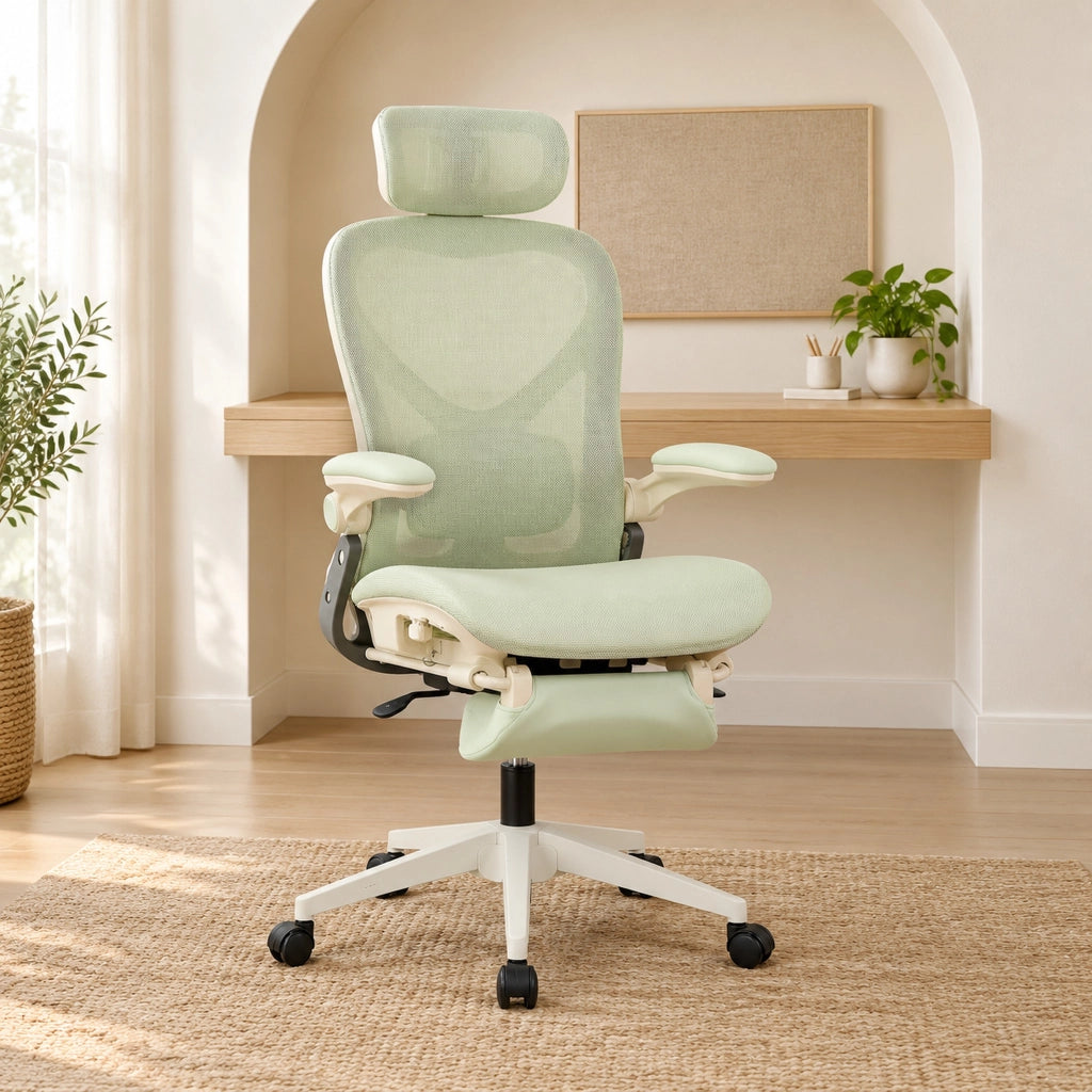 Sedia da ufficio pieghevole verde in rete con poggiatesta 3D e supporto lombare