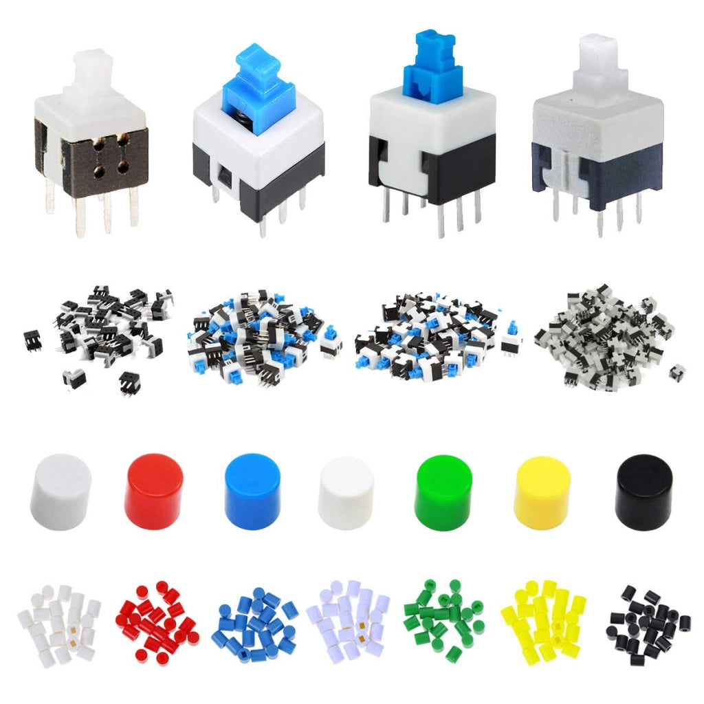 Set di 150 interruttori a pulsante DPDT a 6 pin, con dimensioni da 5,8 a 8,5 mm, completo di coperture