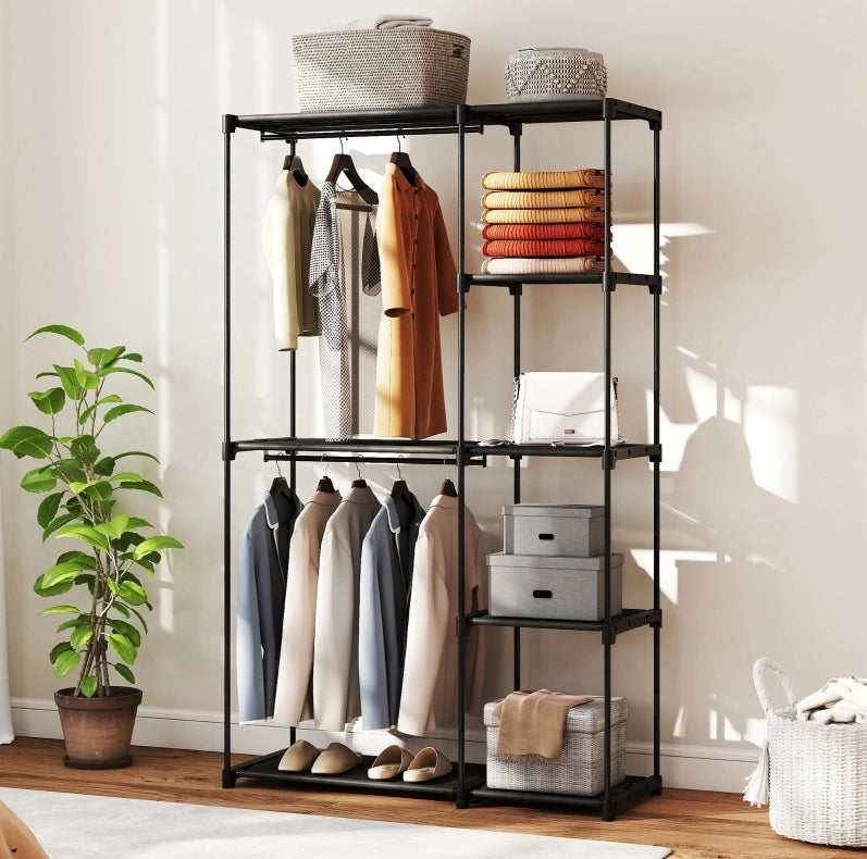 Armadio guardaroba 111 x 43 x 185 cm in acciaio nero, 2 barre e 6 ripiani