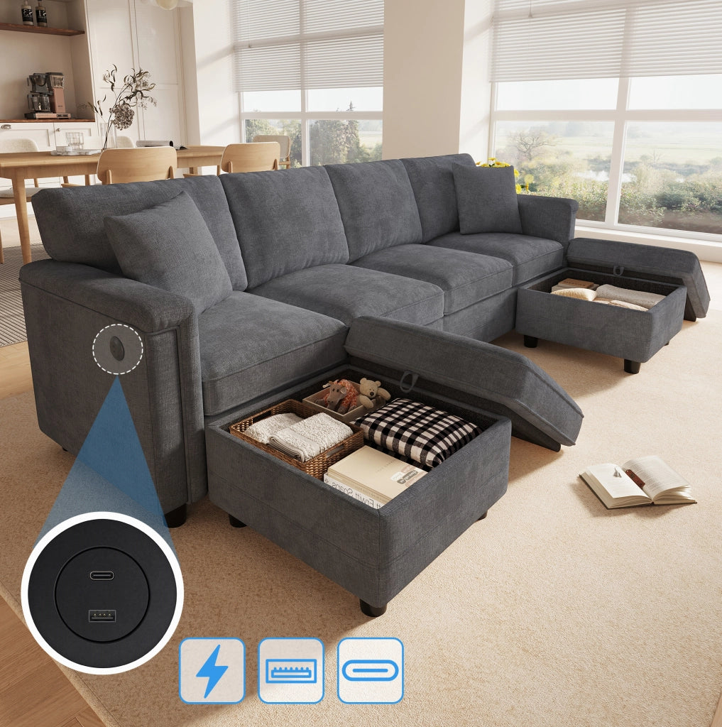 Divano modulare in ciniglia grigio con due pouf contenitore