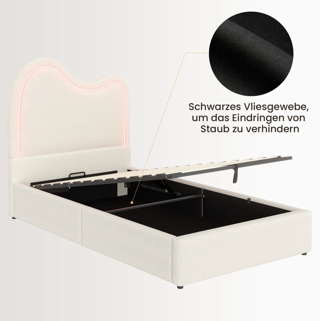 Letto singolo per bambini 90 x 200 cm con contenitore e LED, bianco