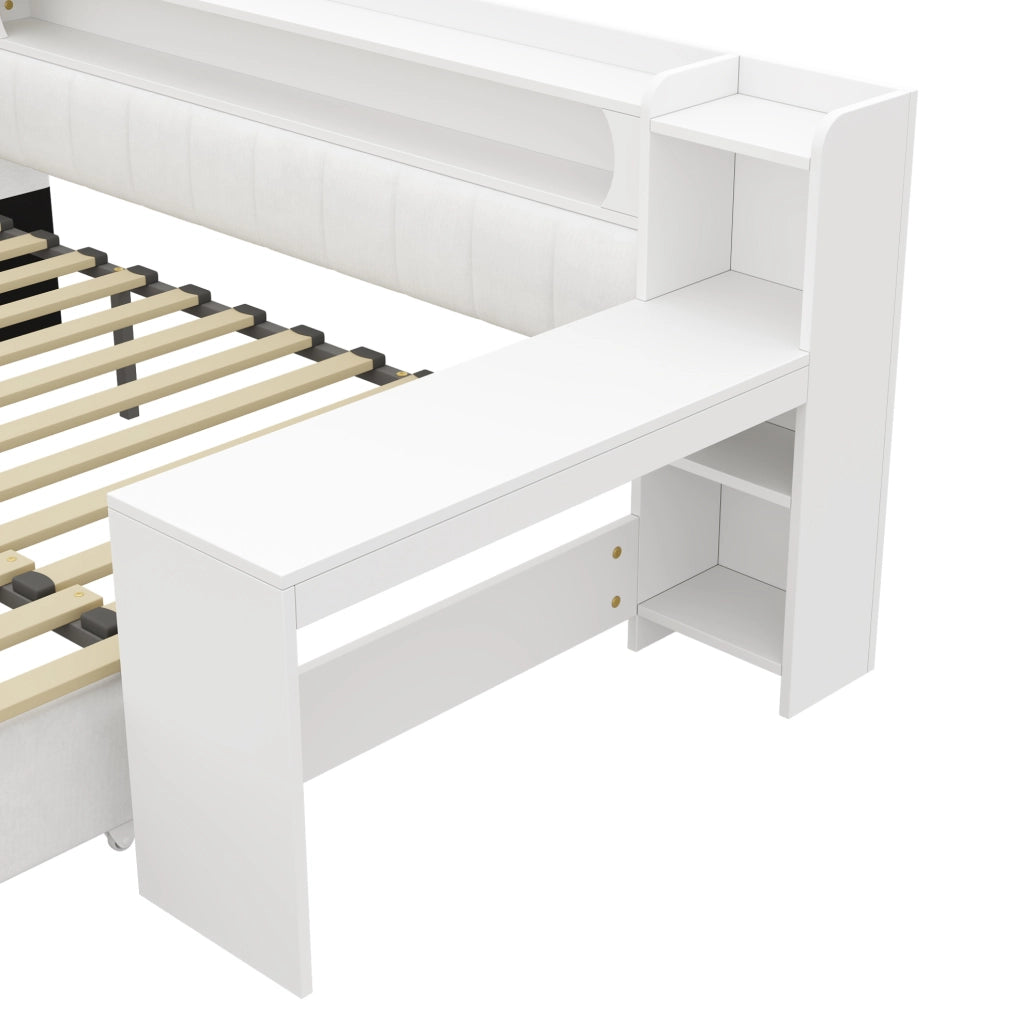 Letto imbottito estraibile bianco con scrivania, luci LED e porte USB