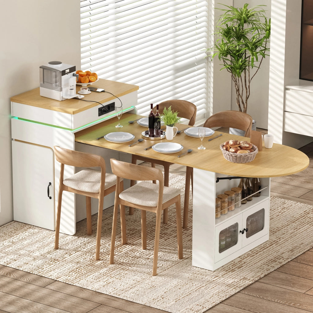 Isola da cucina bianca con tavolo estraibile, cassetti e luci LED