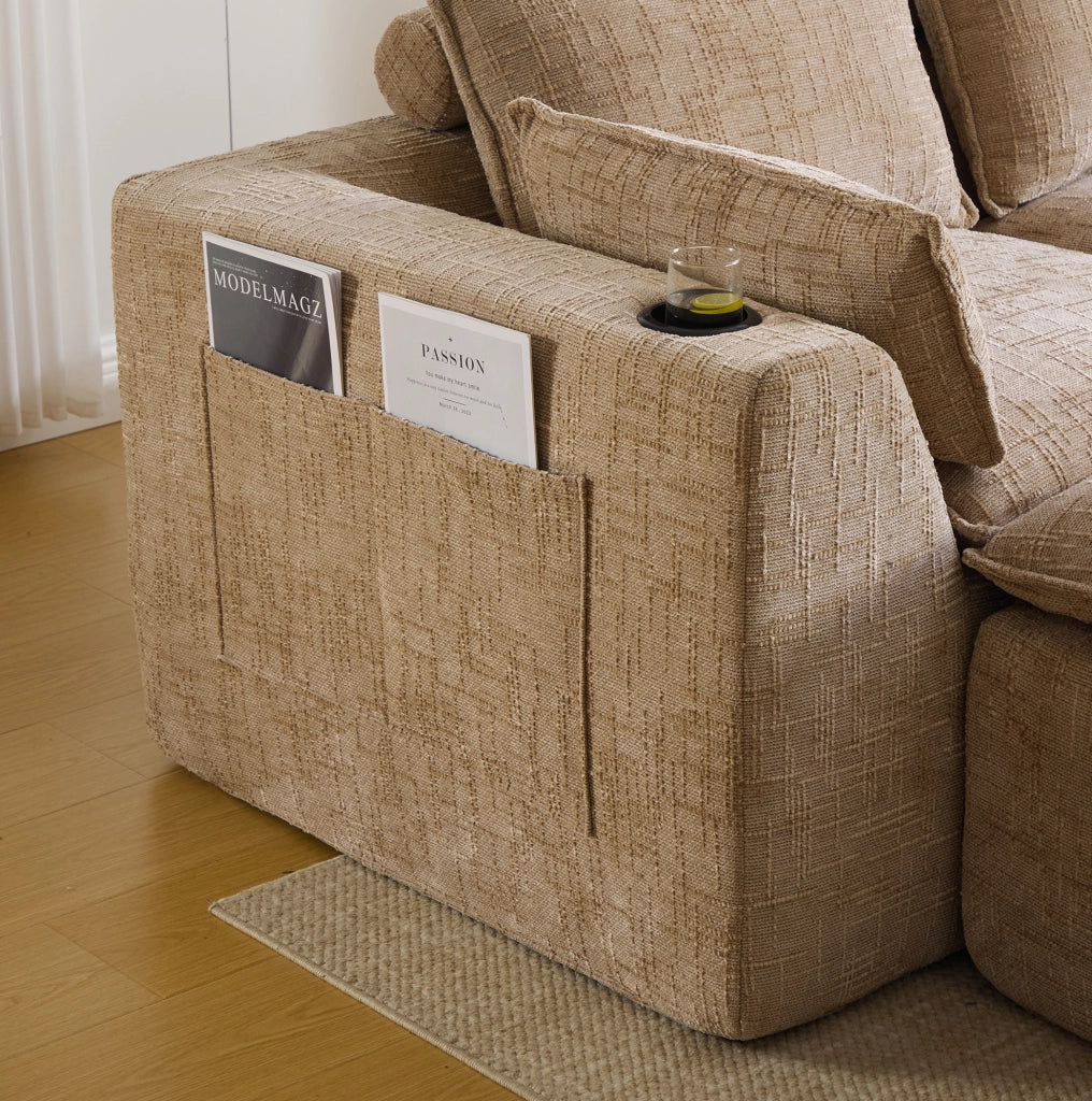 Divano modulare in ciniglia color cachi con pouf e tasche laterali
