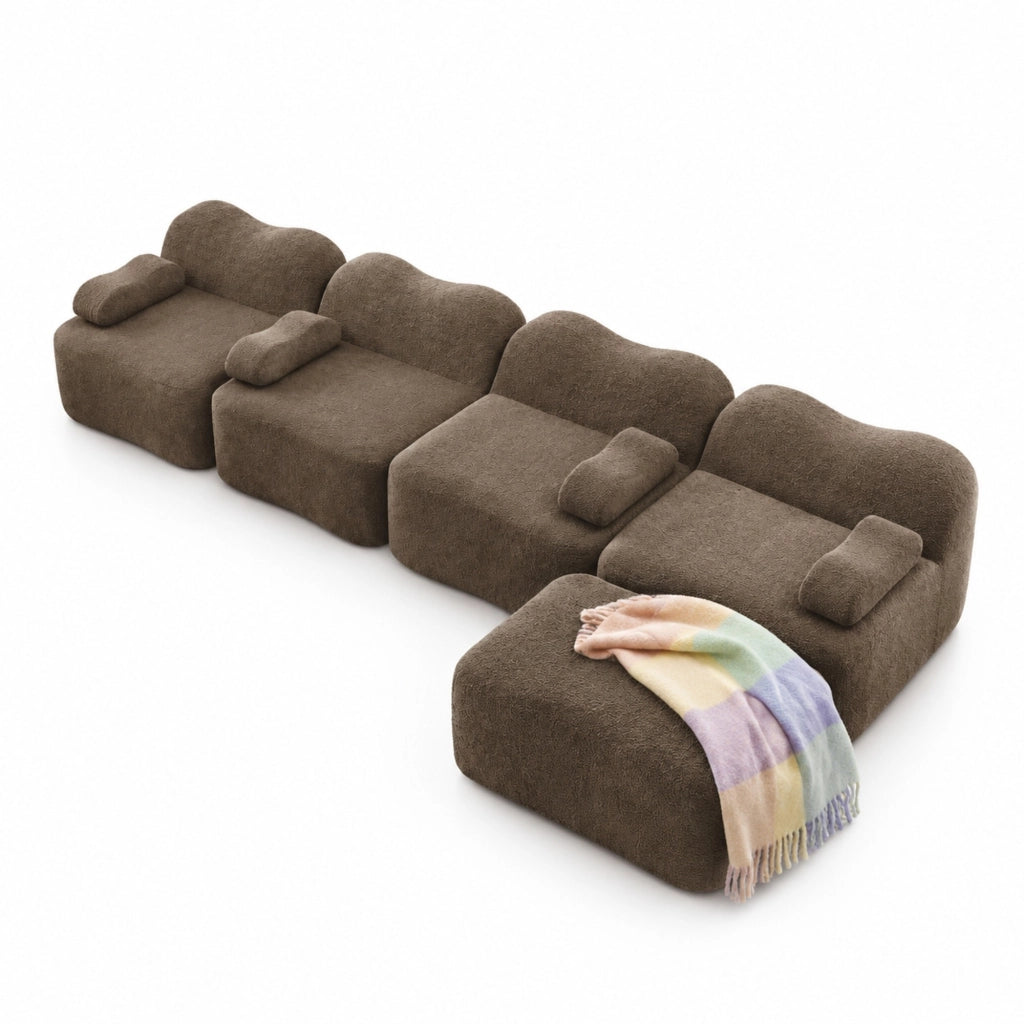 Divano angolare modulare in velluto marrone con pouf 384x167 cm