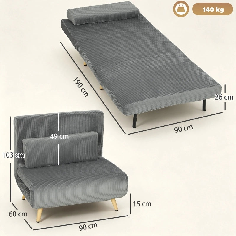 Poltrona letto 3 in 1 in velluto a coste grigio scuro, 90 x 190 cm