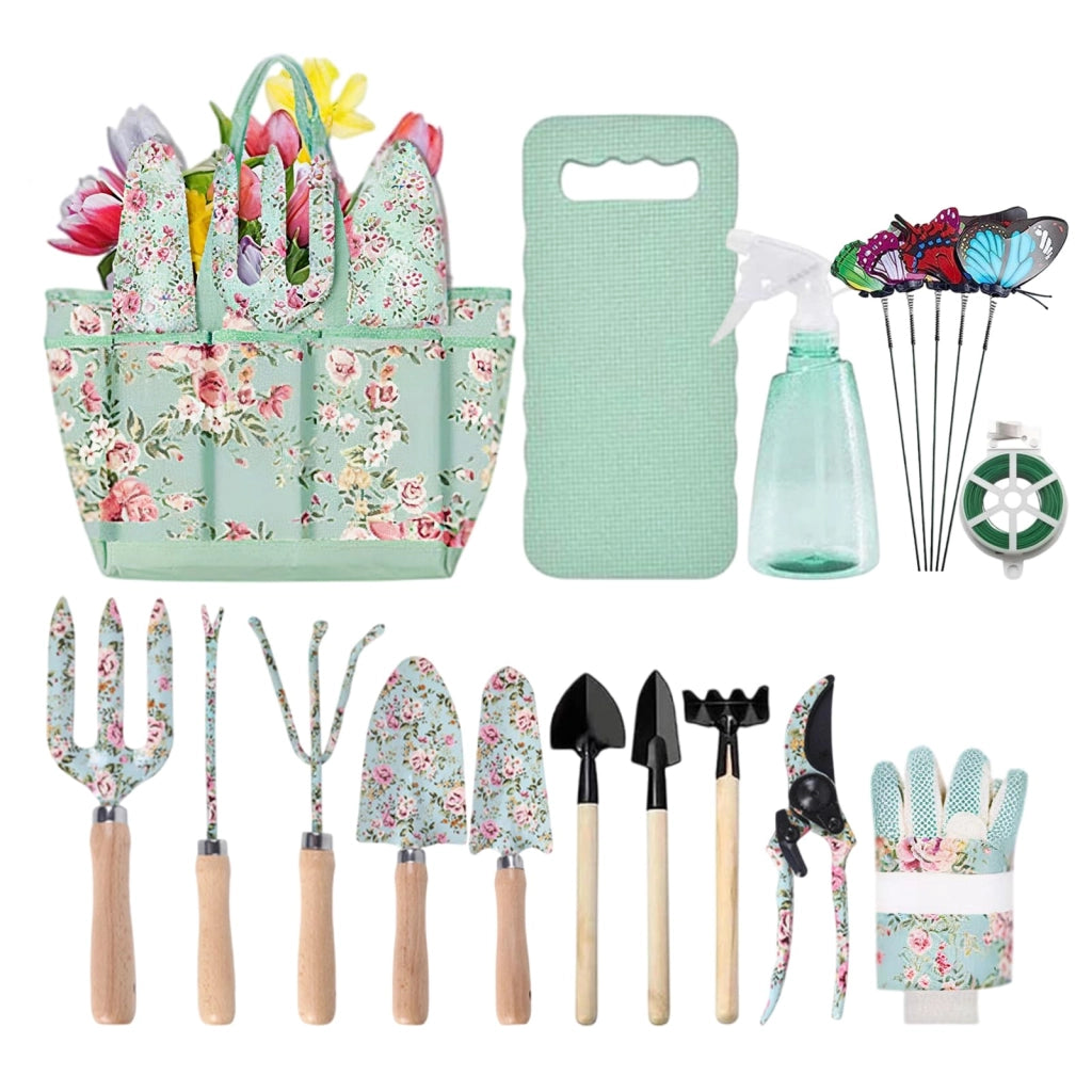 Set di attrezzi da giardino, composto da 15 pezzi, con motivo floreale, fornito con una custodia