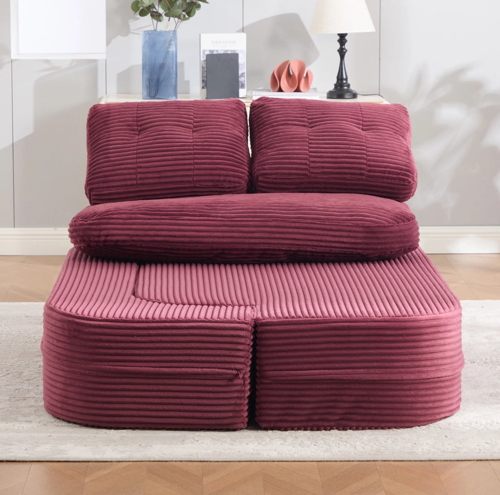 Poltrona trasformabile 2 in 1 in velluto a coste rosso vino con portabicchieri
