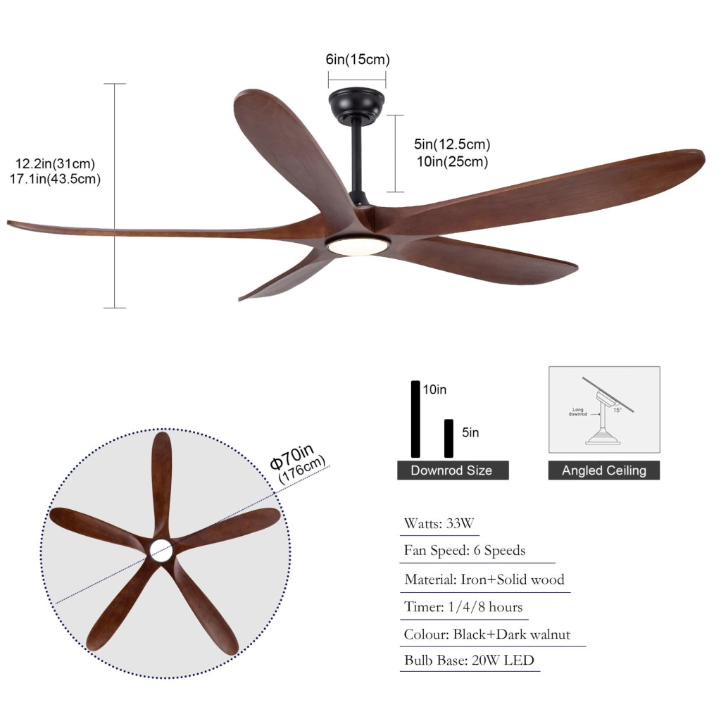 Ventilatore da soffitto con luce regolabile e pale in legno massello