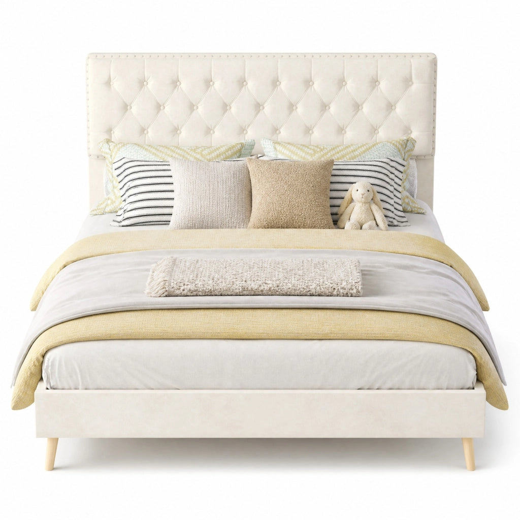 Letto matrimoniale ULEVR 140x200 cm in velluto beige con testiera alta e spazio sottoletto