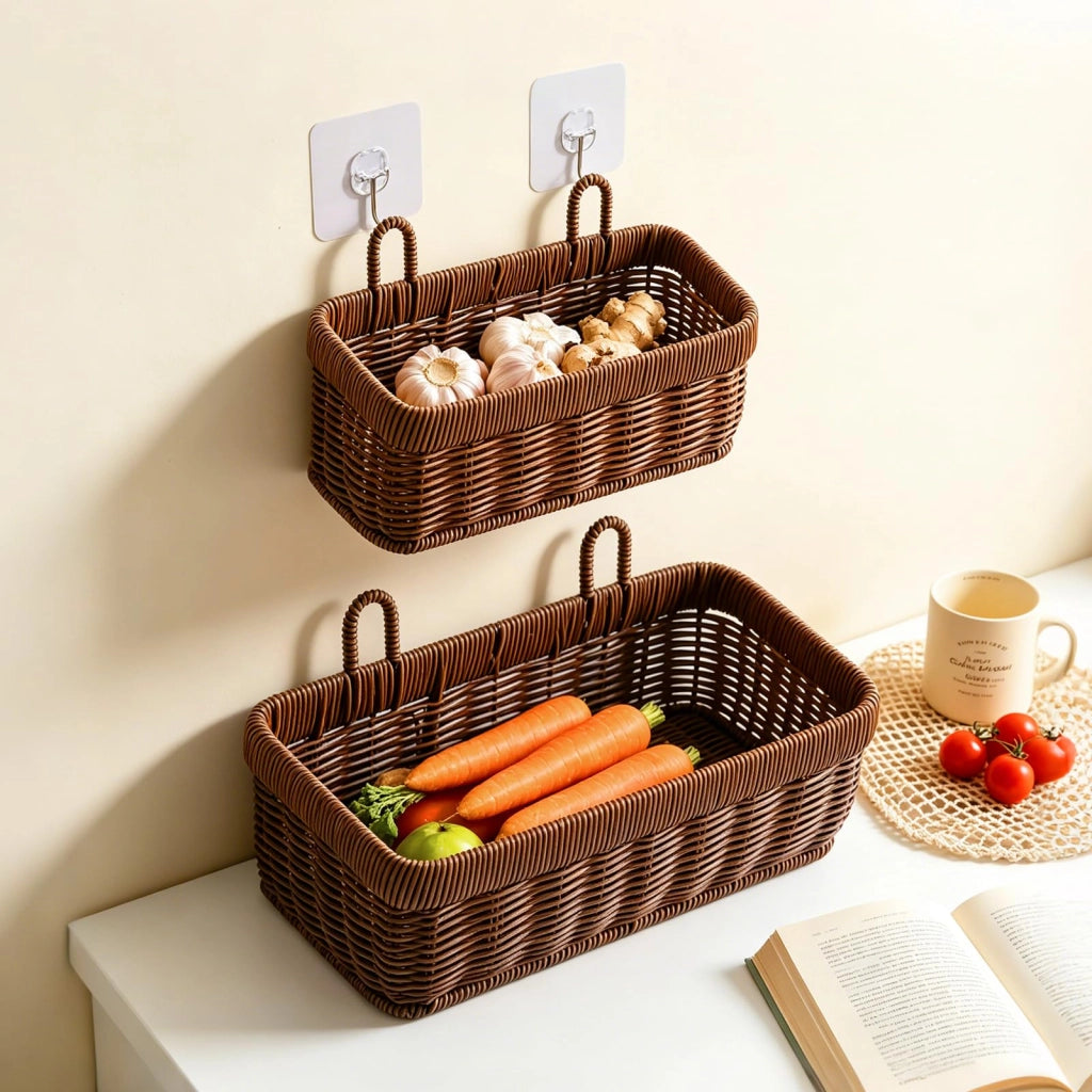 Set di 2 cesti appesi intrecciati in rattan, color marrone scuro