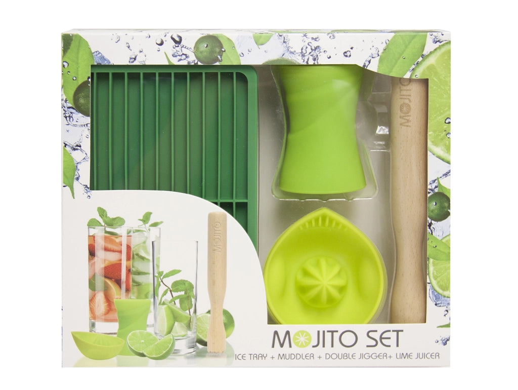 Set per cocktail Mojito, composto da 4 elementi: pressa, misurino, pestello e stampo per il ghiaccio