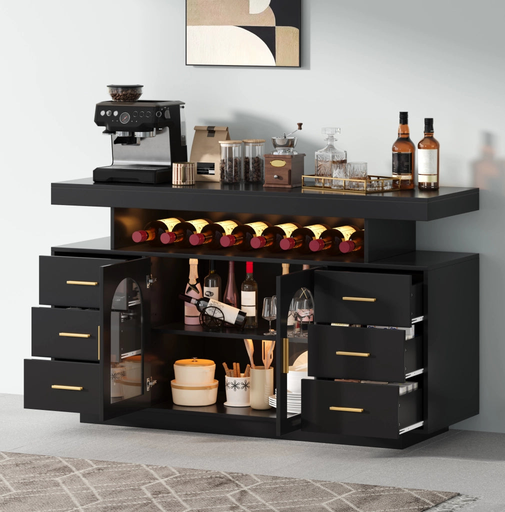 Mobile bar portavini nero con 6 cassetti e illuminazione LED