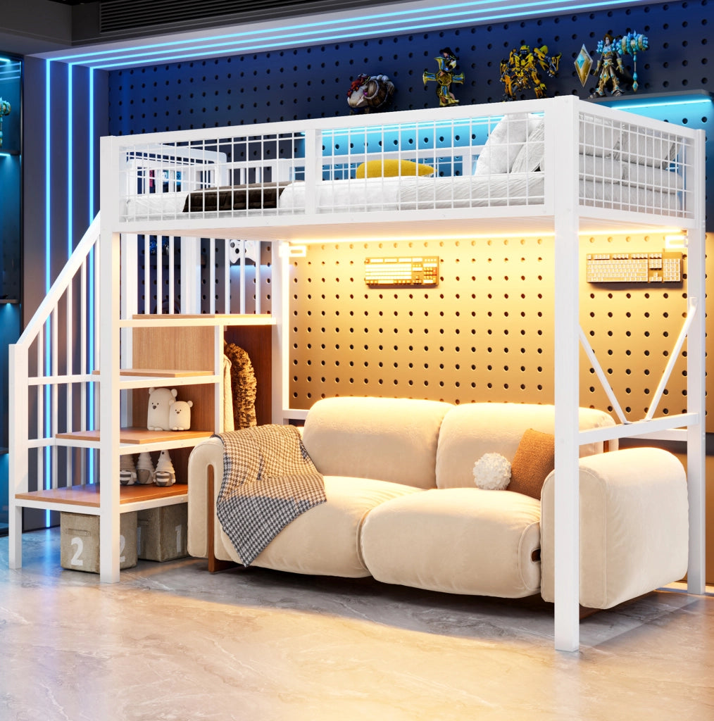 Letto a soppalco 90 x 200 cm bianco con scala contenitore e LED