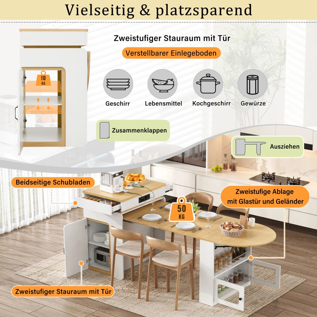 Isola cucina allungabile bianca con ruote, LED e ricarica USB