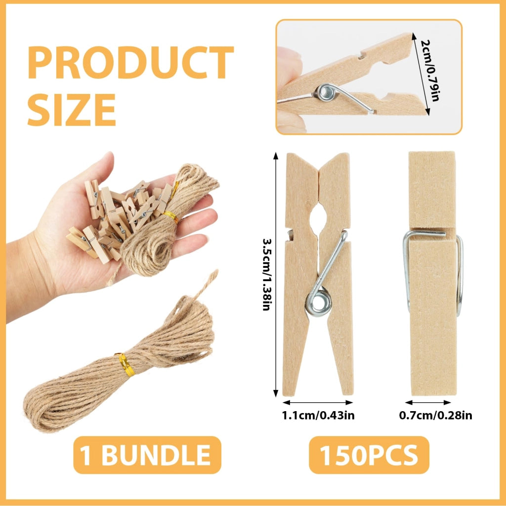 Piccole mollette in legno, 150 pezzi, 3,5 cm, con nastro di iuta da 10 metri