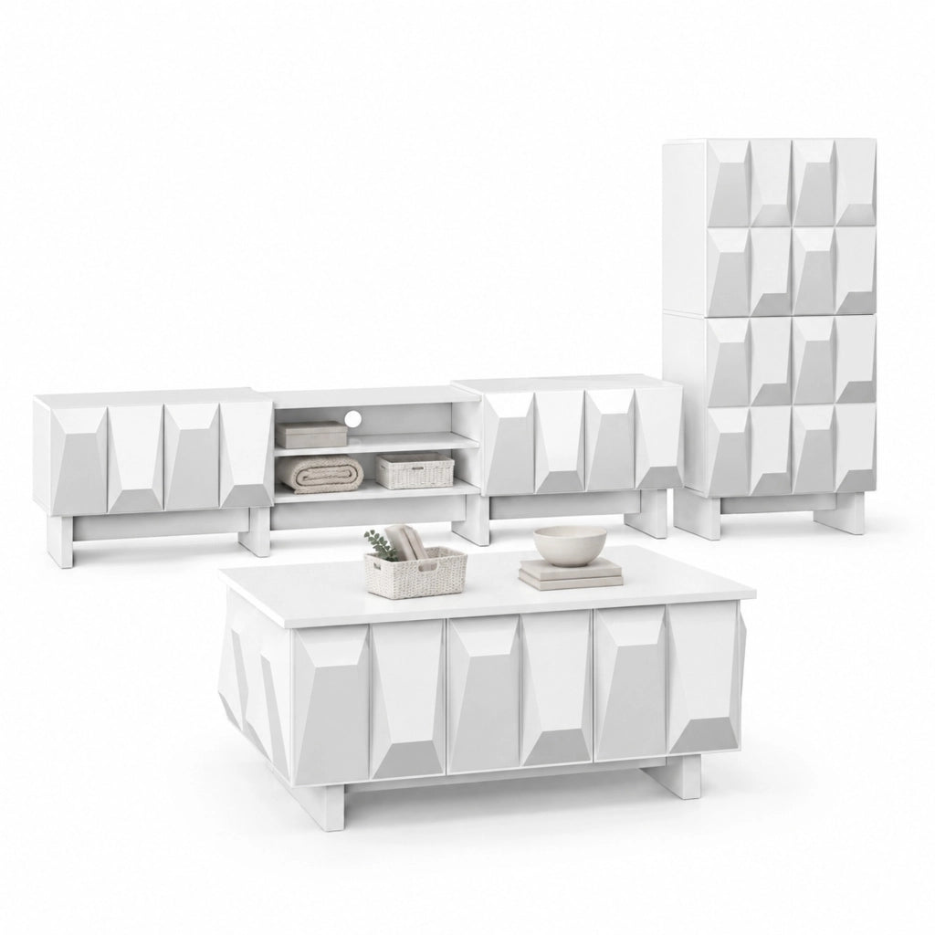 Set mobili soggiorno bianco 3 pezzi con frontali 3D