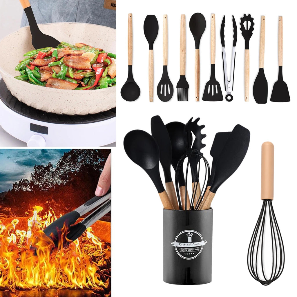 Set di 12 utensili da cucina in silicone nero con supporto