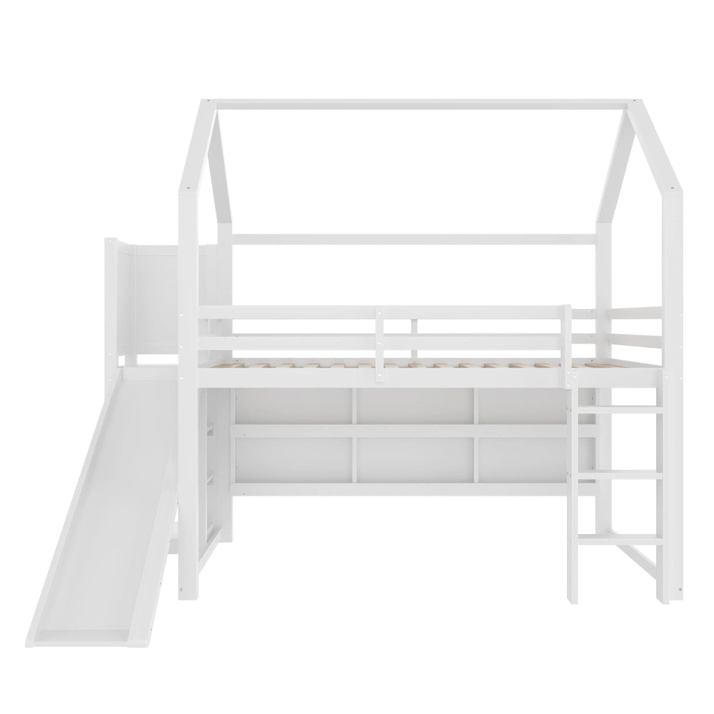Letto a soppalco per bambini 90x200 cm a casetta con scivolo; ripiani e LED; in pino e MDF bianco